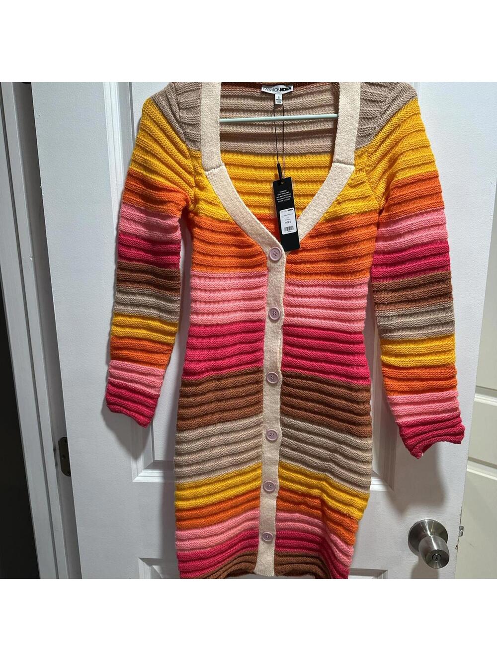 Pink, khaki, tan, yellow and orange striped sweater bodycon dress - S